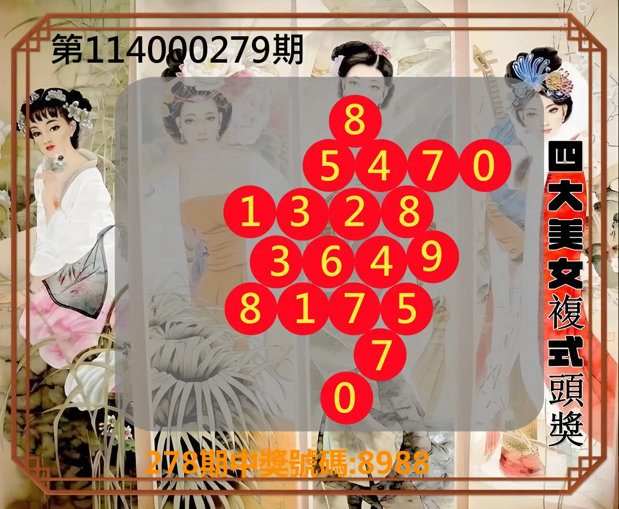 4星彩第114000279期(11/18)四大美女複式頭獎
