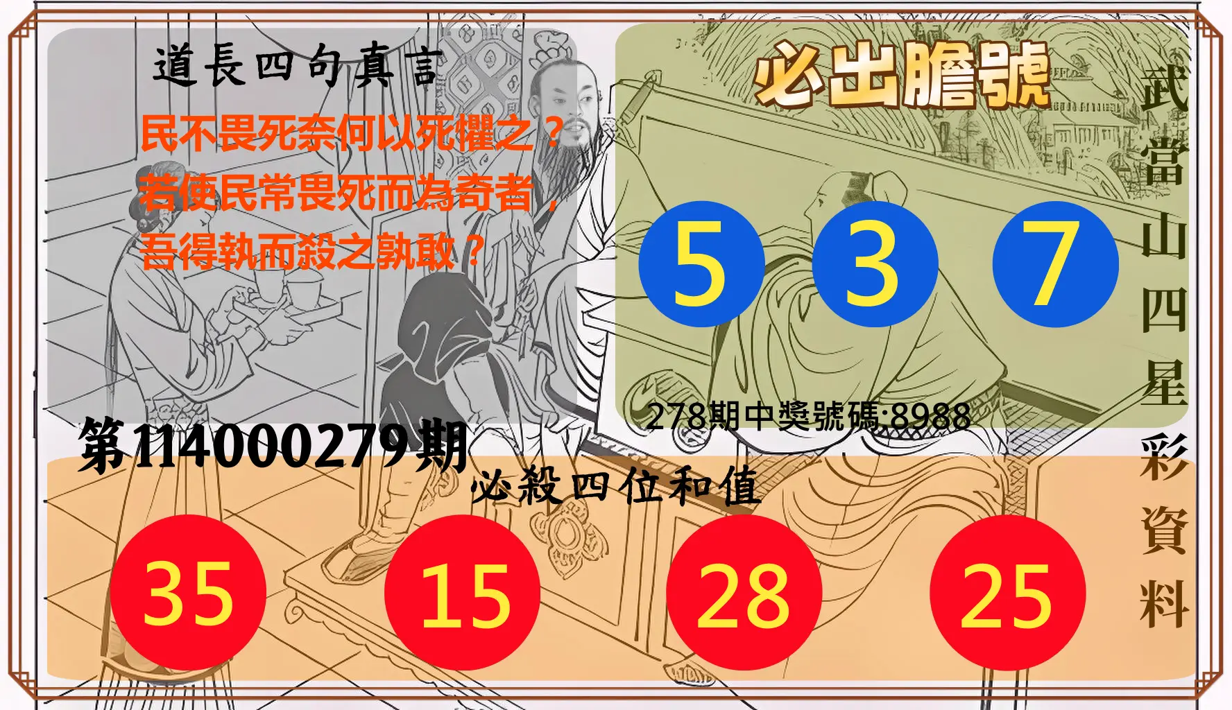 4星彩第114000279期(11/18)武當山四星彩資料