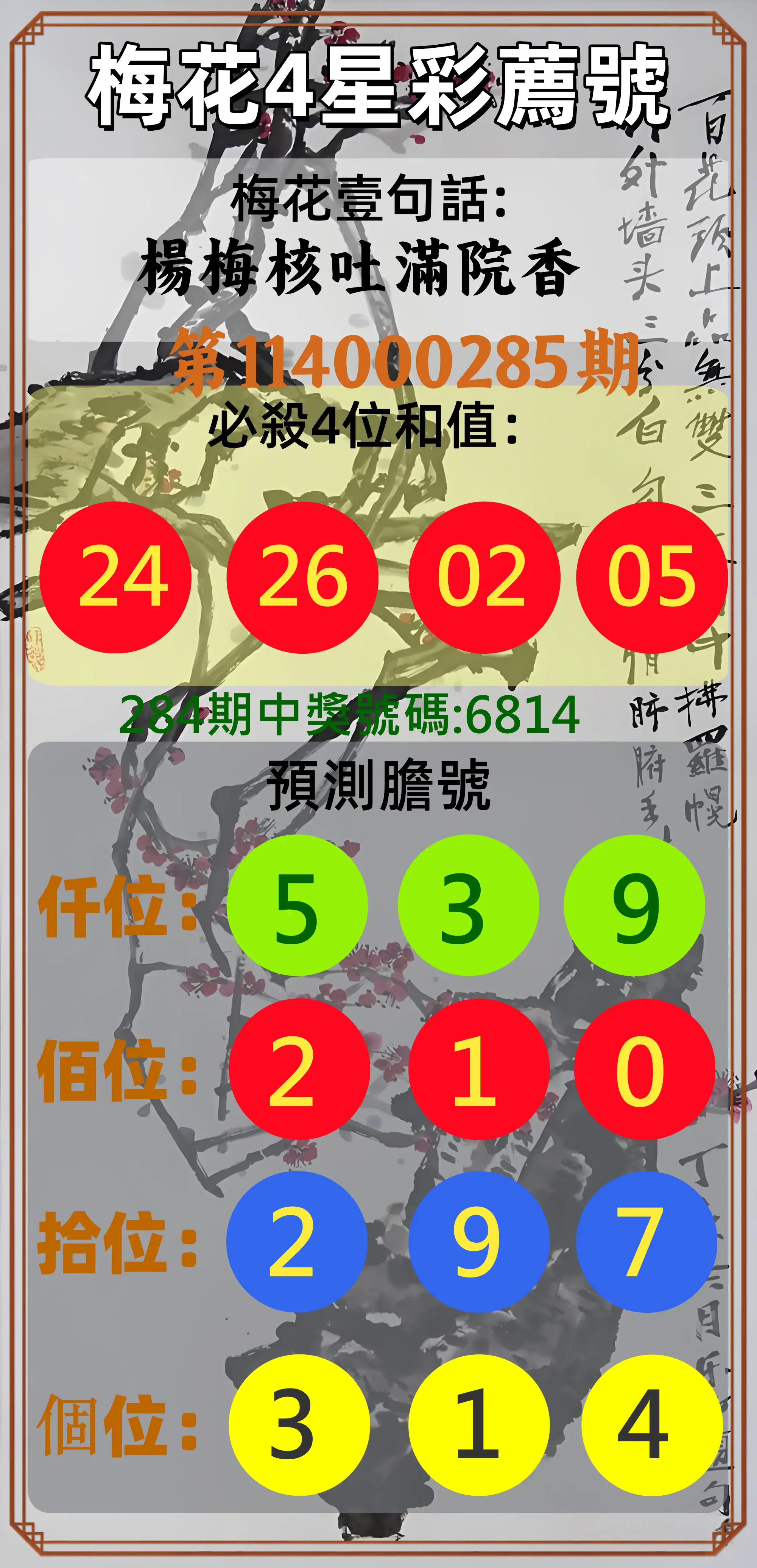 4星彩第114000285期(11/25)梅花4星彩薦號