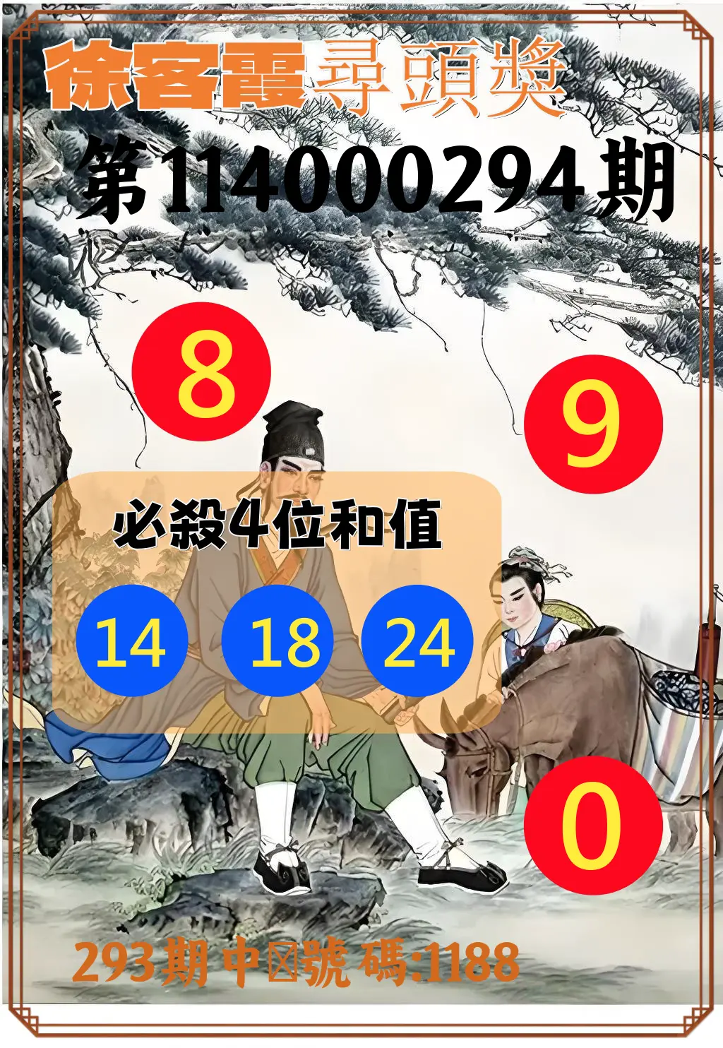 4星彩第114000294期(12/05)徐客霞尋頭獎