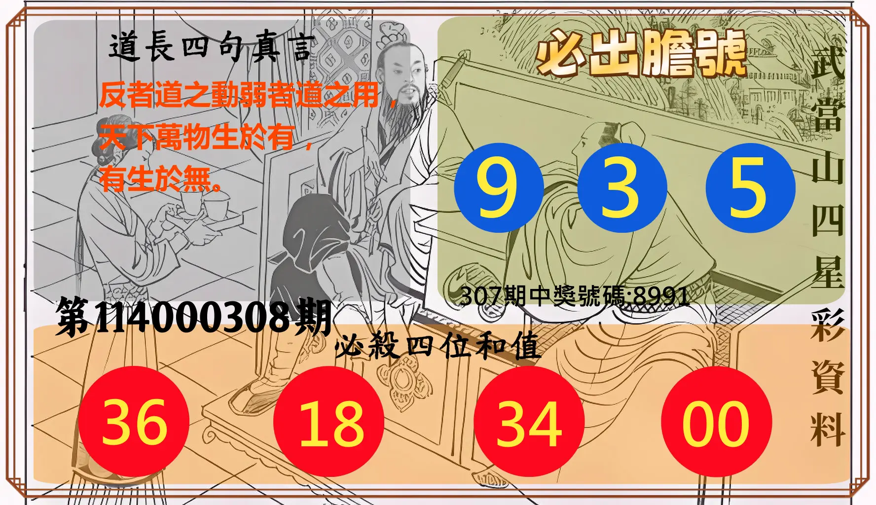 4星彩第114000308期(12/22)武當山四星彩資料