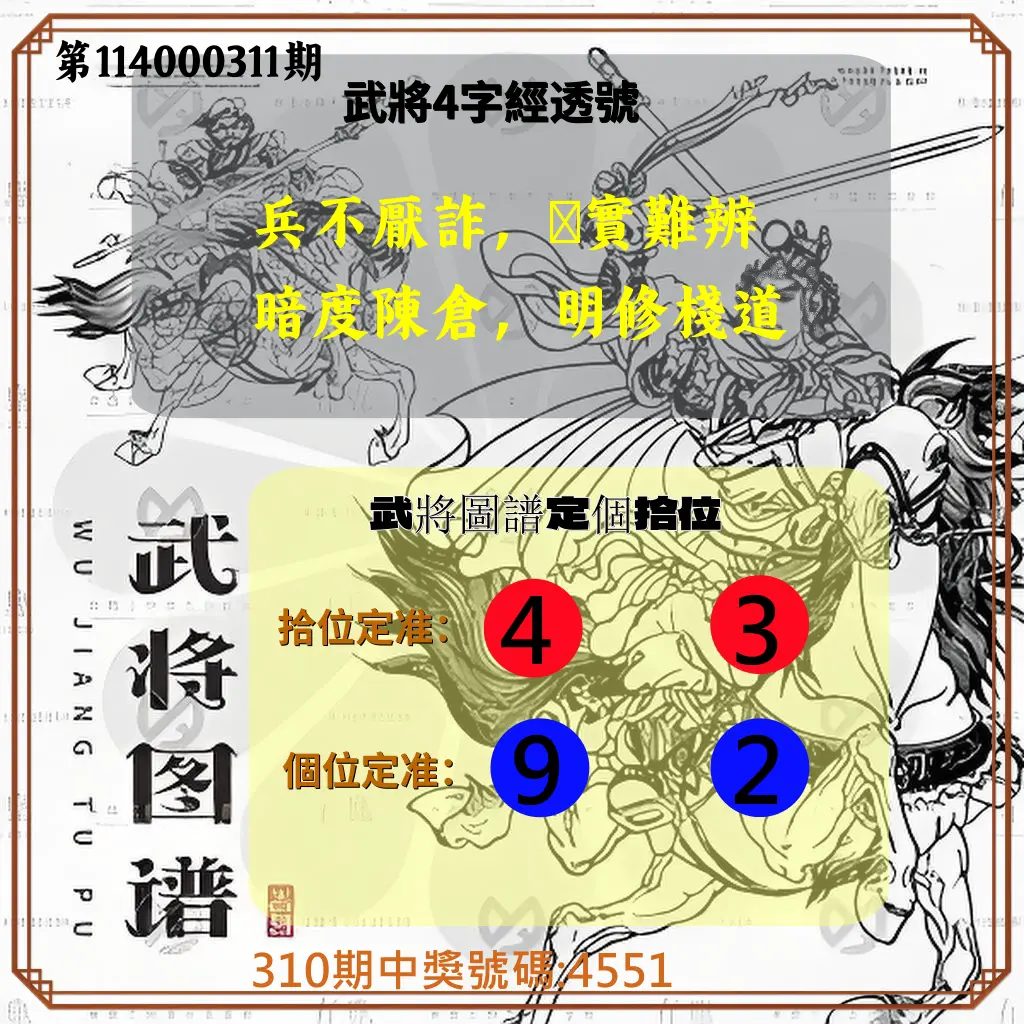 4星彩第114000311期(12/25)武將圖譜