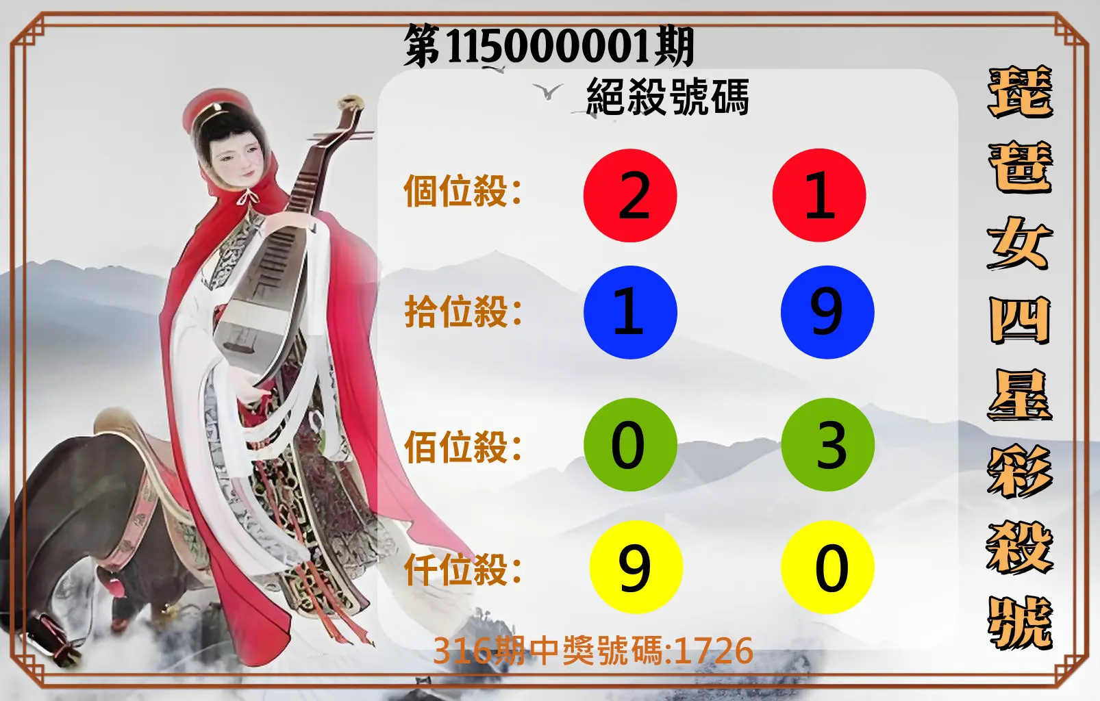 4星彩第115000001期(01/01)琵琶女四星彩殺號