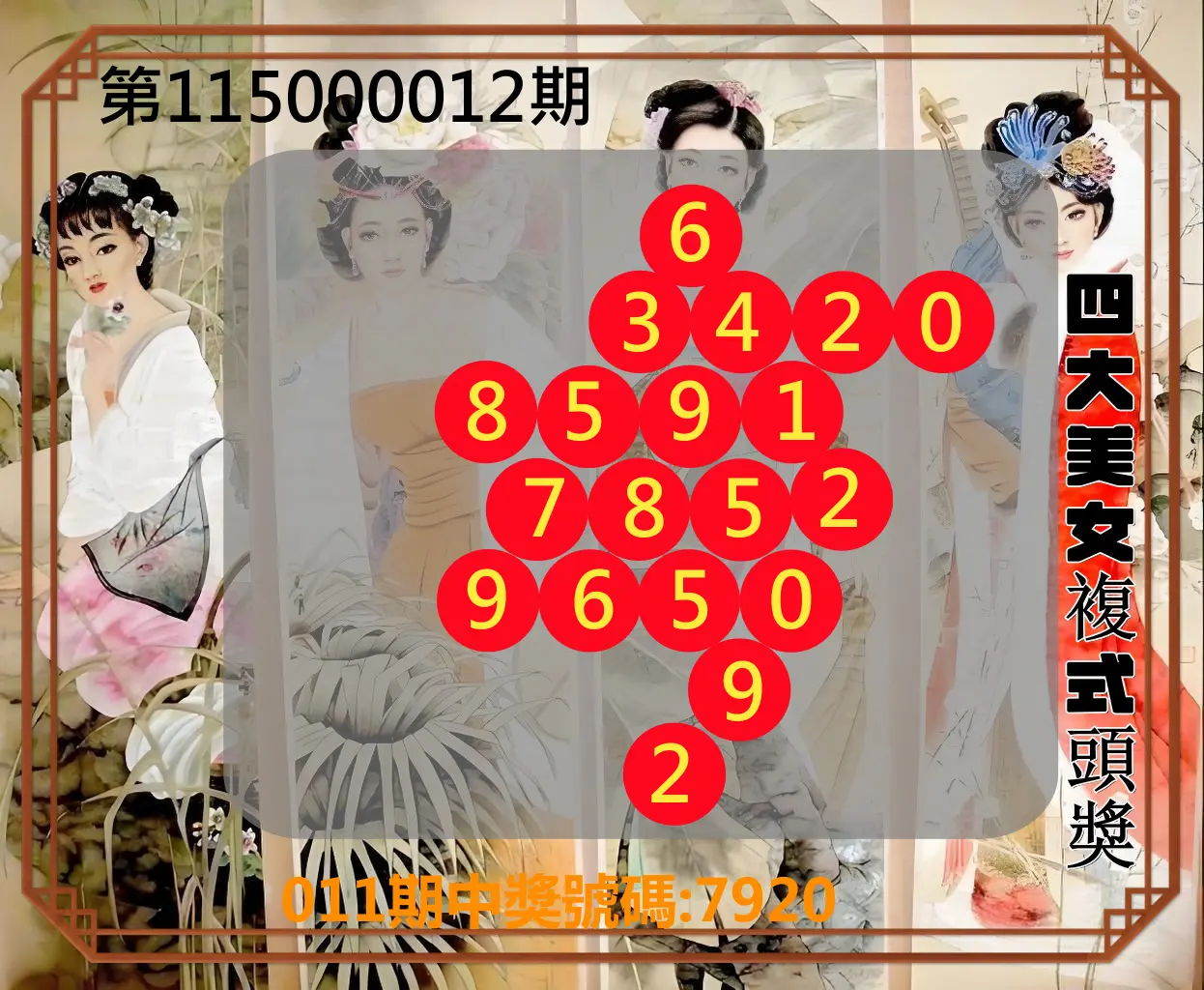 4星彩第115000012期(01/14)四大美女複式頭獎