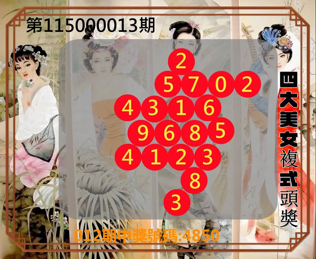 4星彩第115000013期(01/15)四大美女複式頭獎