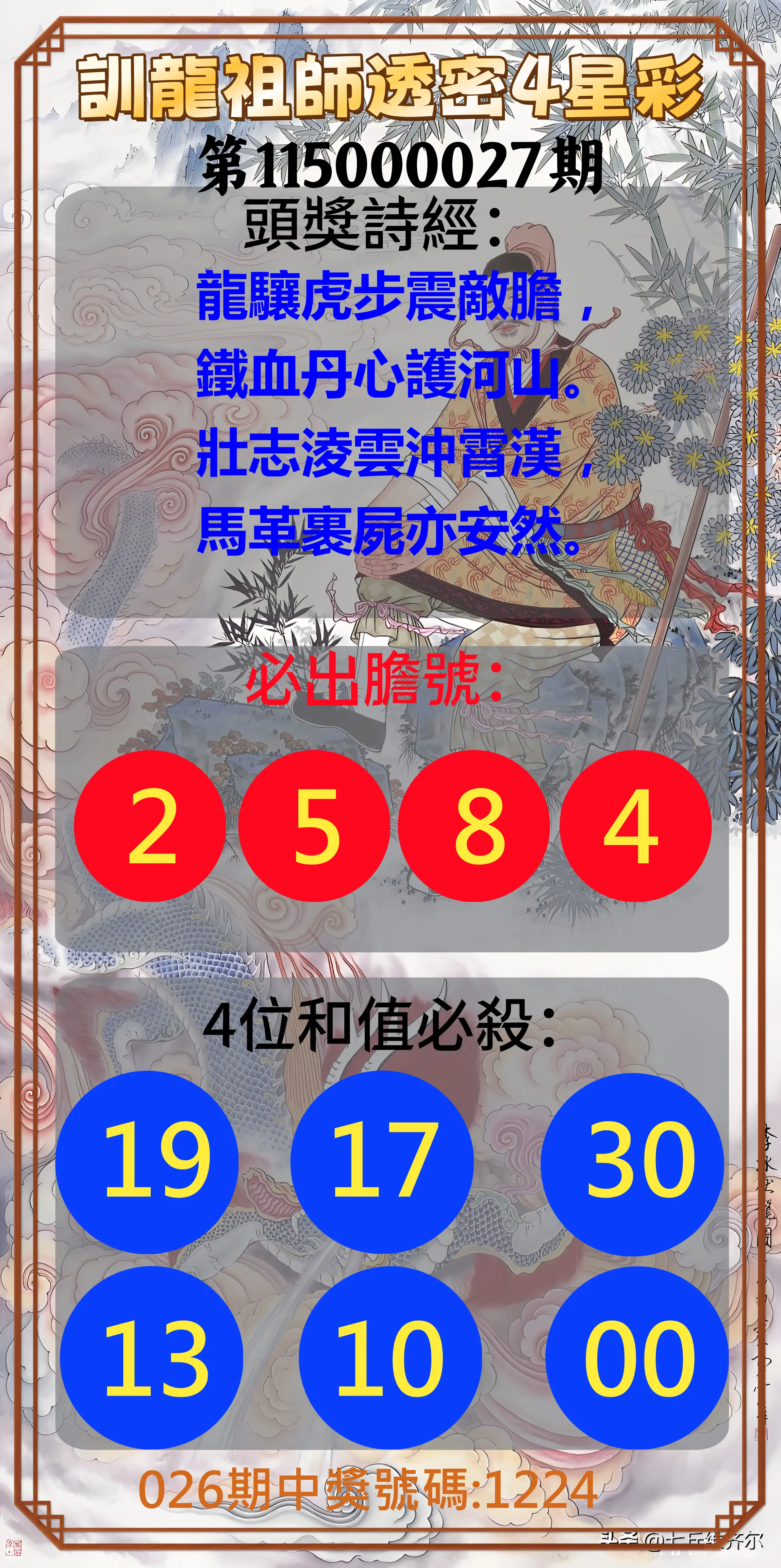 4星彩第115000027期(01/31)訓龍祖師透密4星彩
