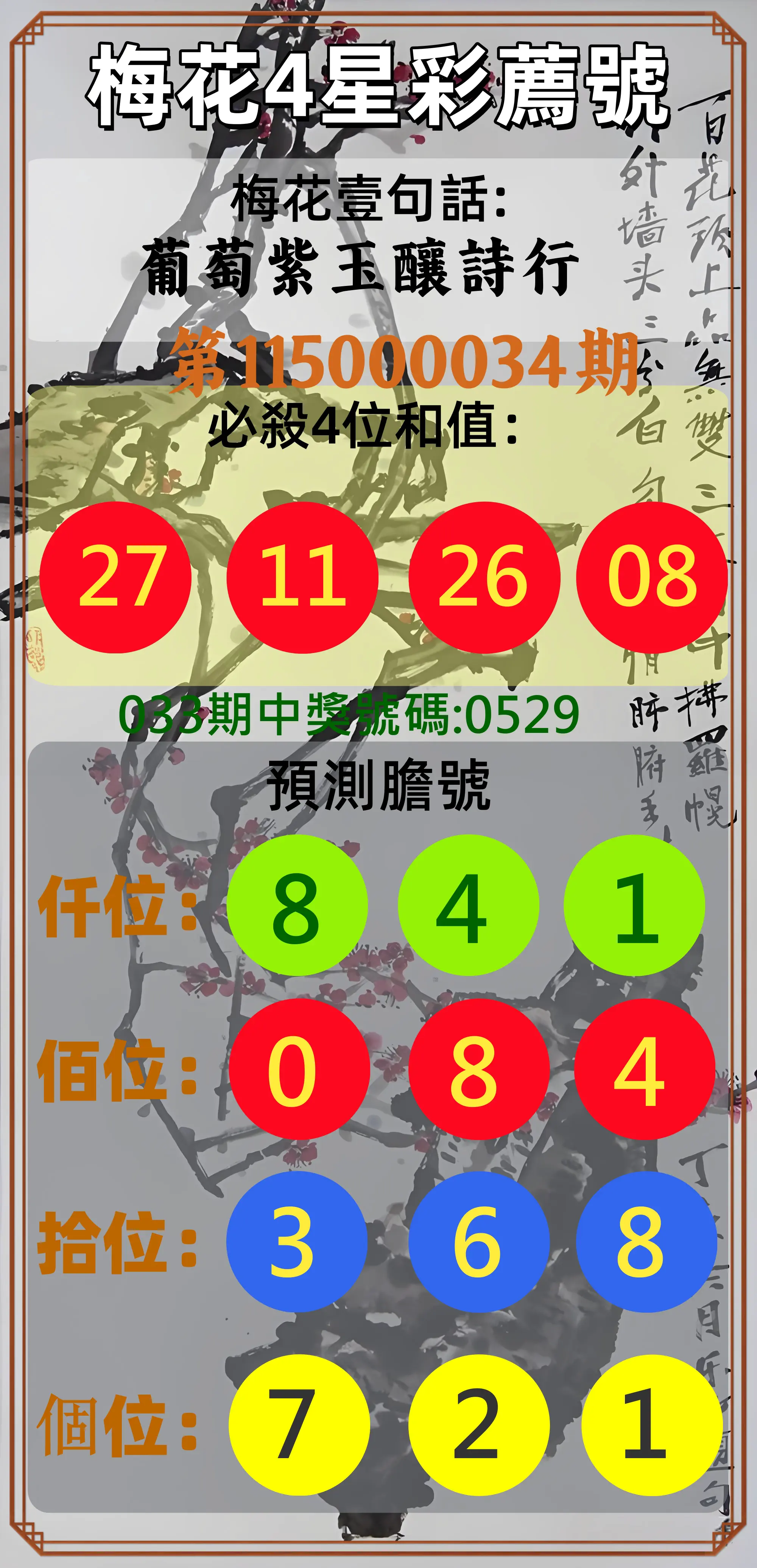 4星彩第115000034期(02/09)梅花4星彩薦號