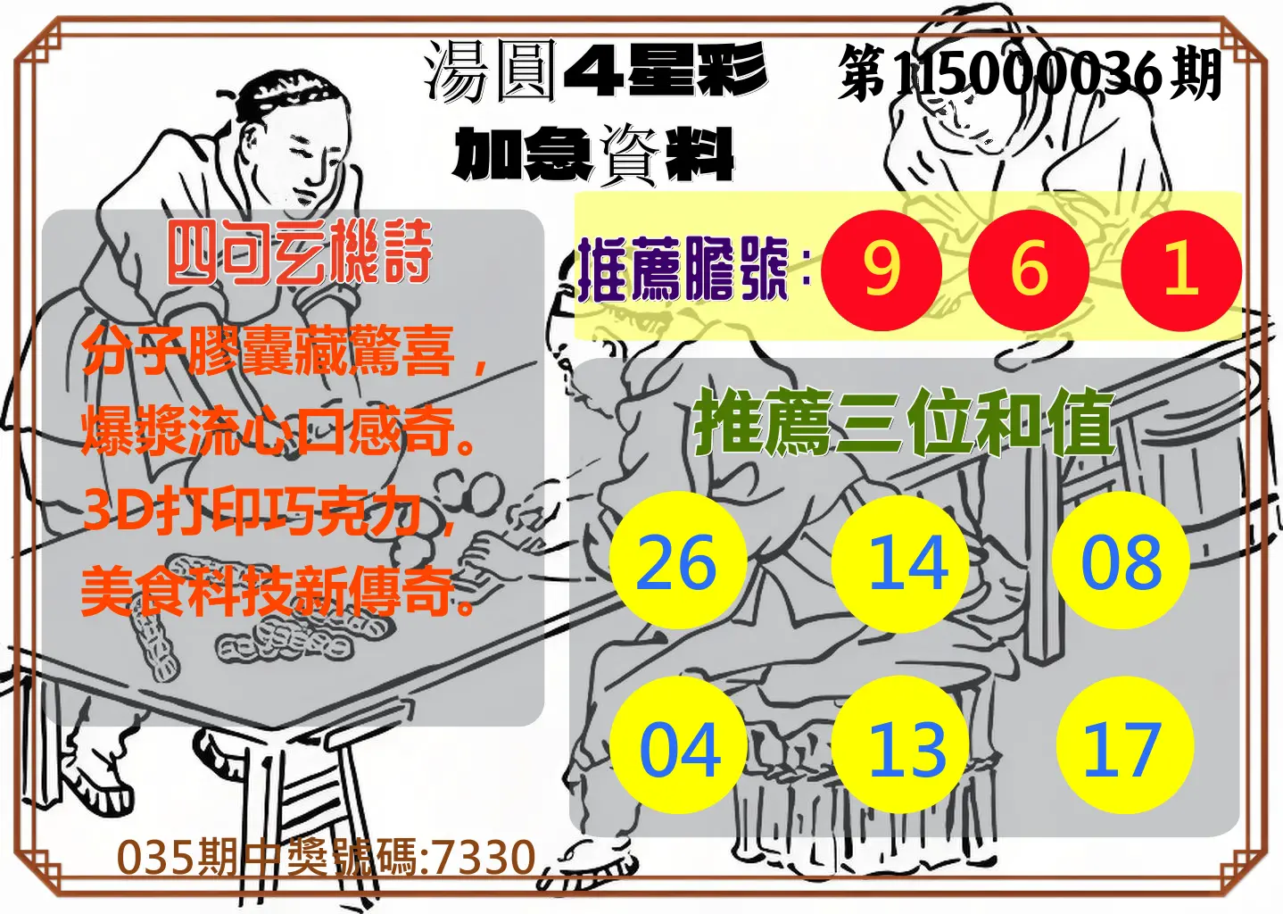 4星彩第115000036期(02/11)湯圓4星彩加急資料