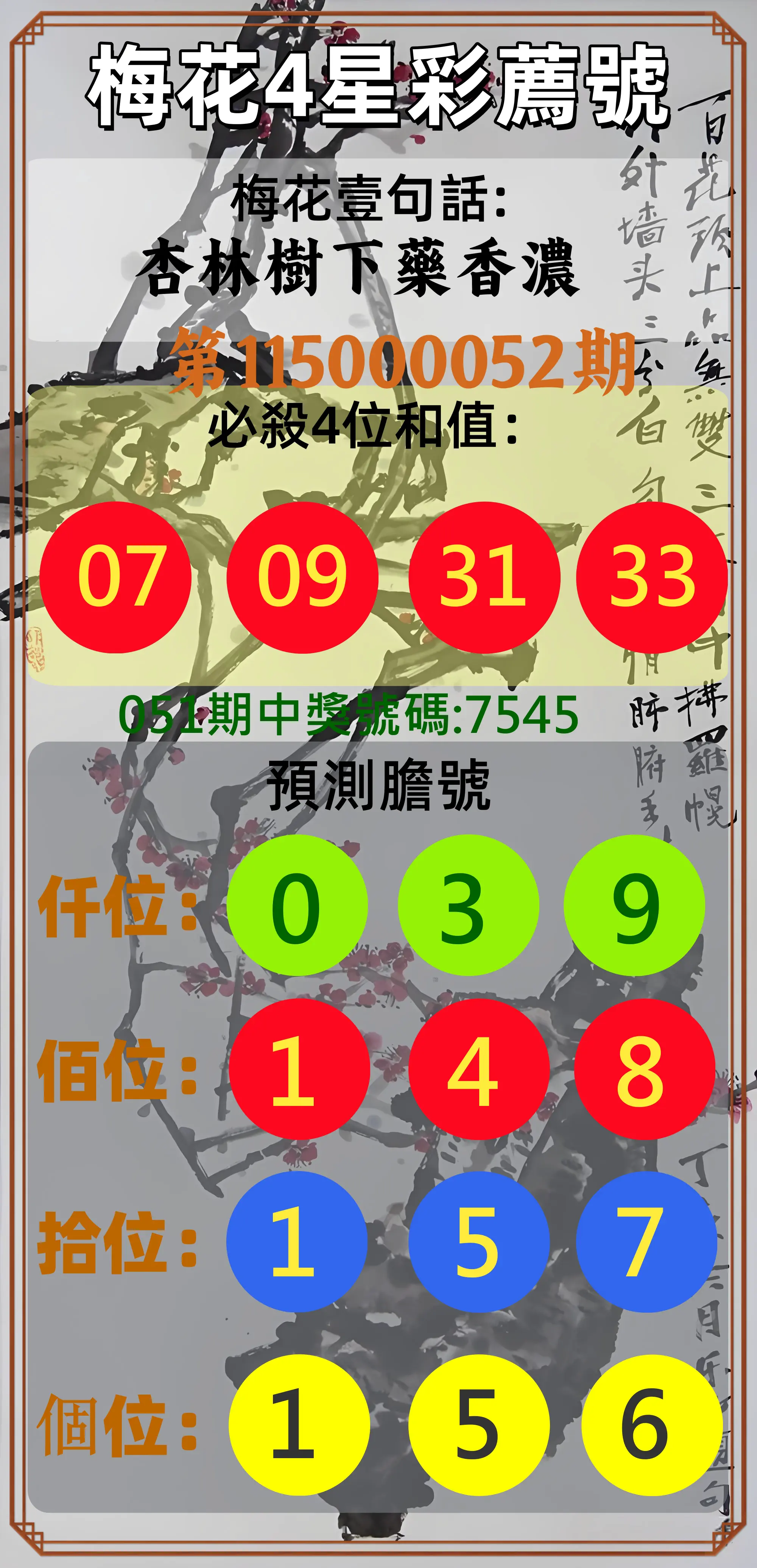 4星彩第115000052期(02/27)梅花4星彩薦號