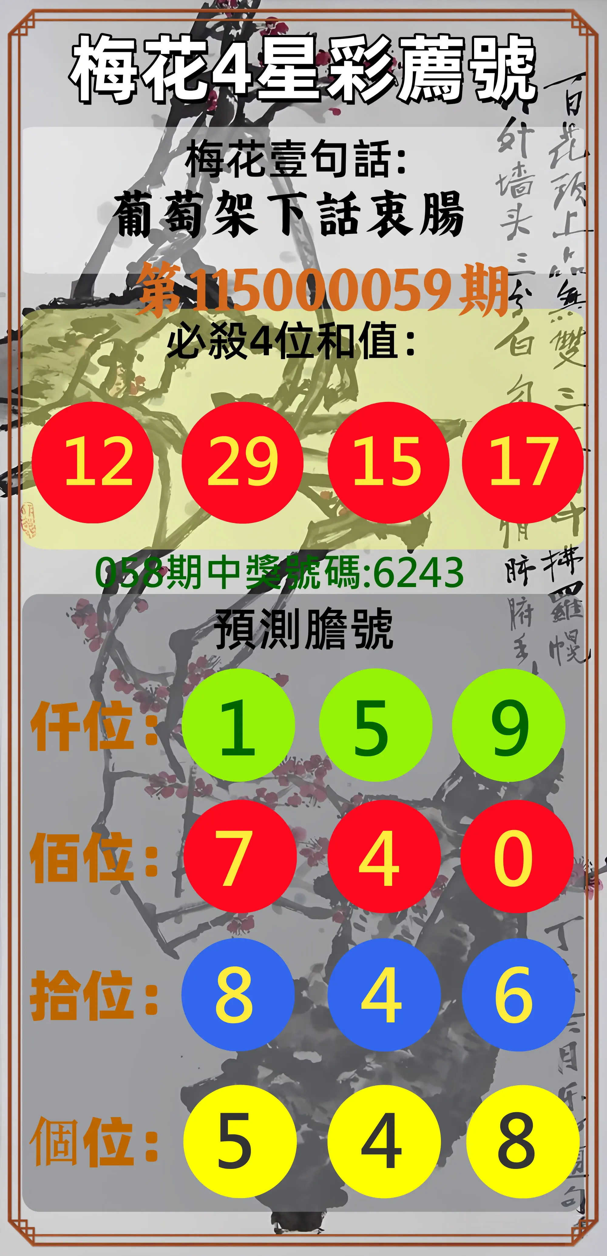 4星彩第115000059期(03/06)梅花4星彩薦號