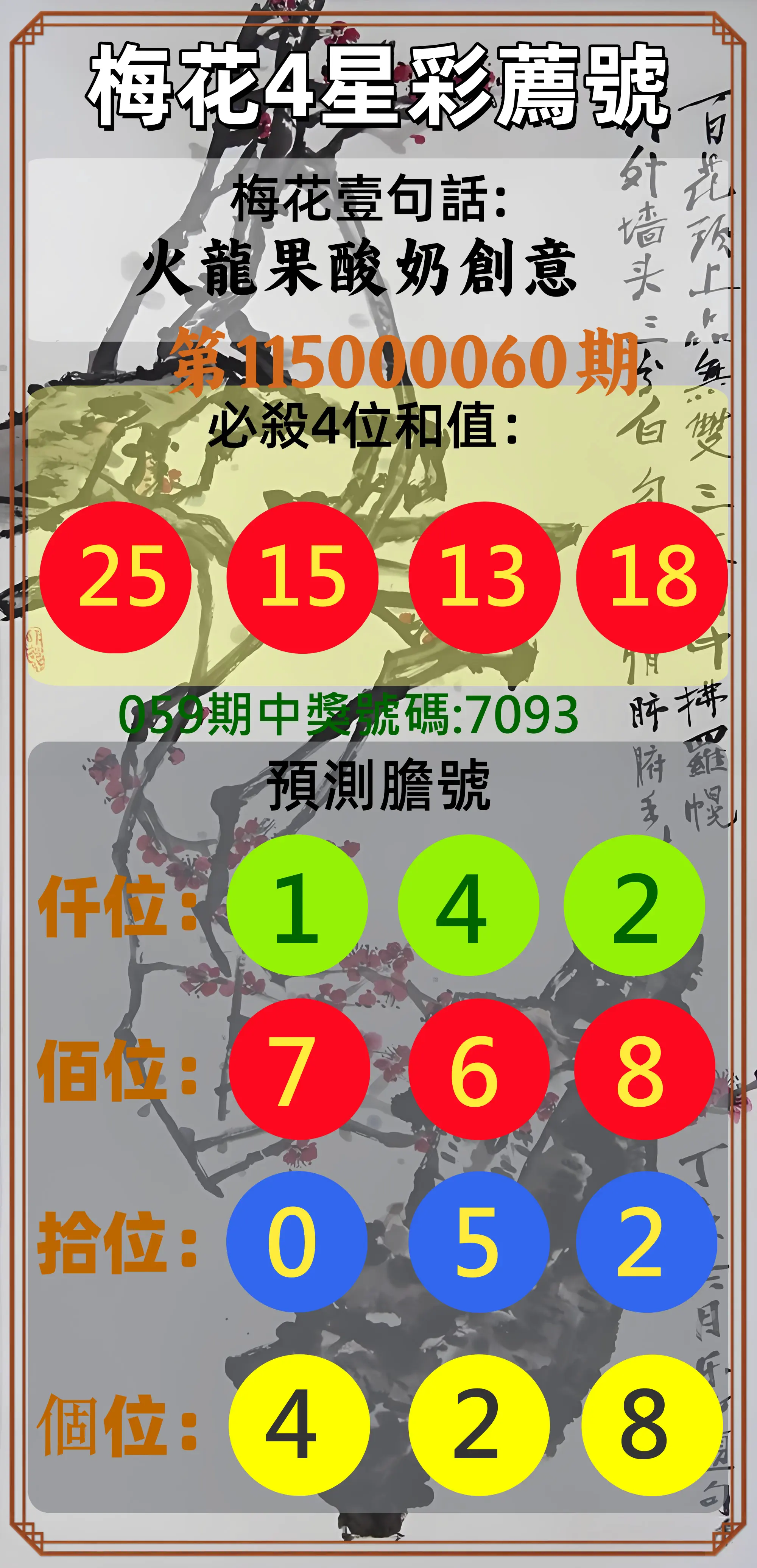 4星彩第115000060期(03/07)梅花4星彩薦號