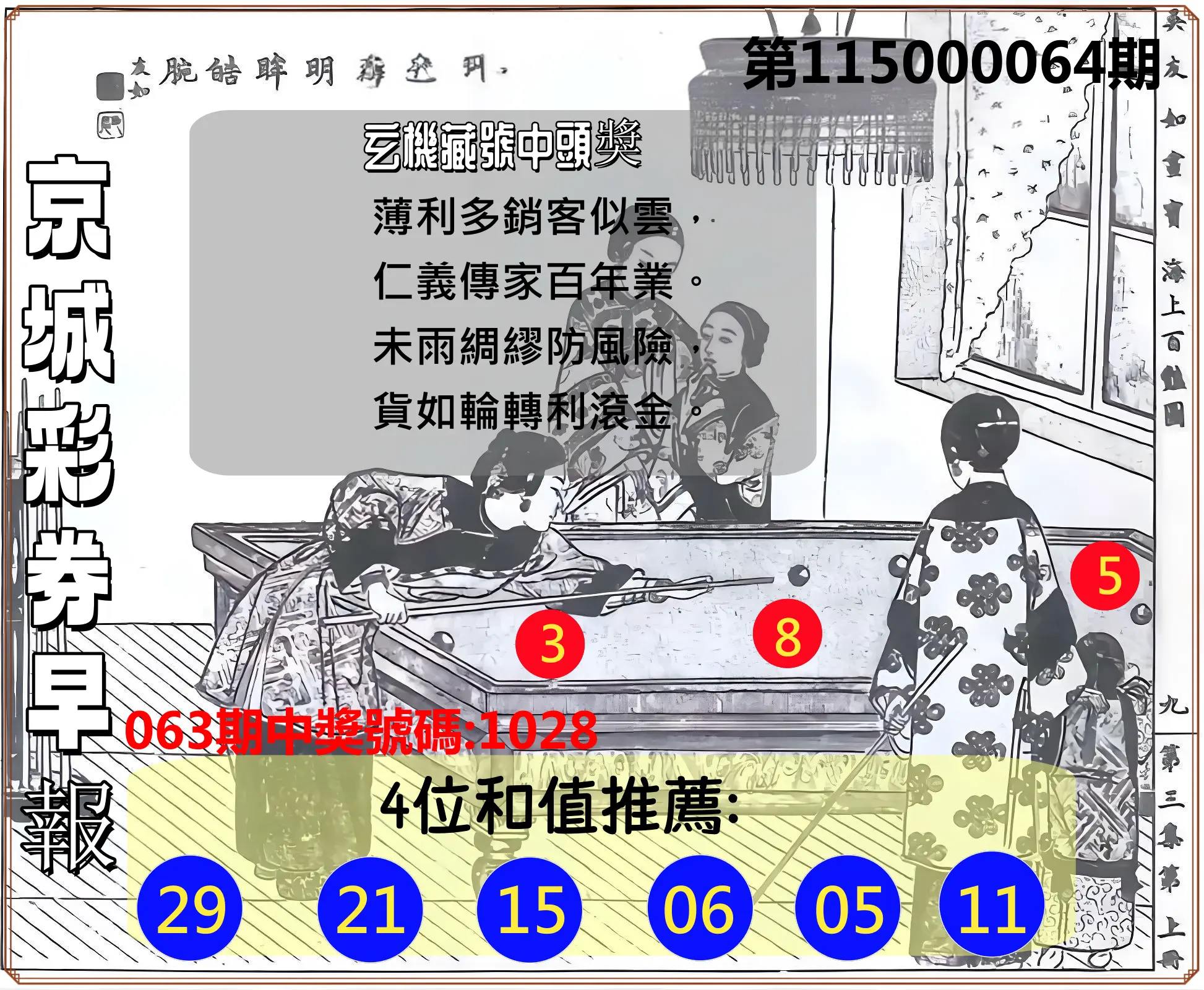 4星彩第115000064期(03/12)京城彩券早報