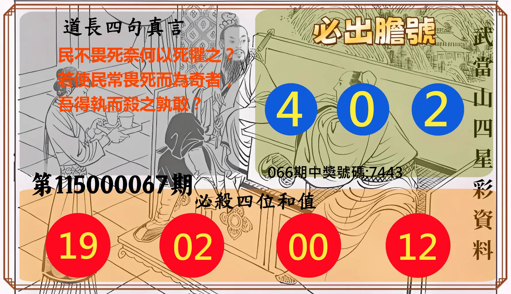 4星彩第115000067期(03/16)武當山四星彩資料