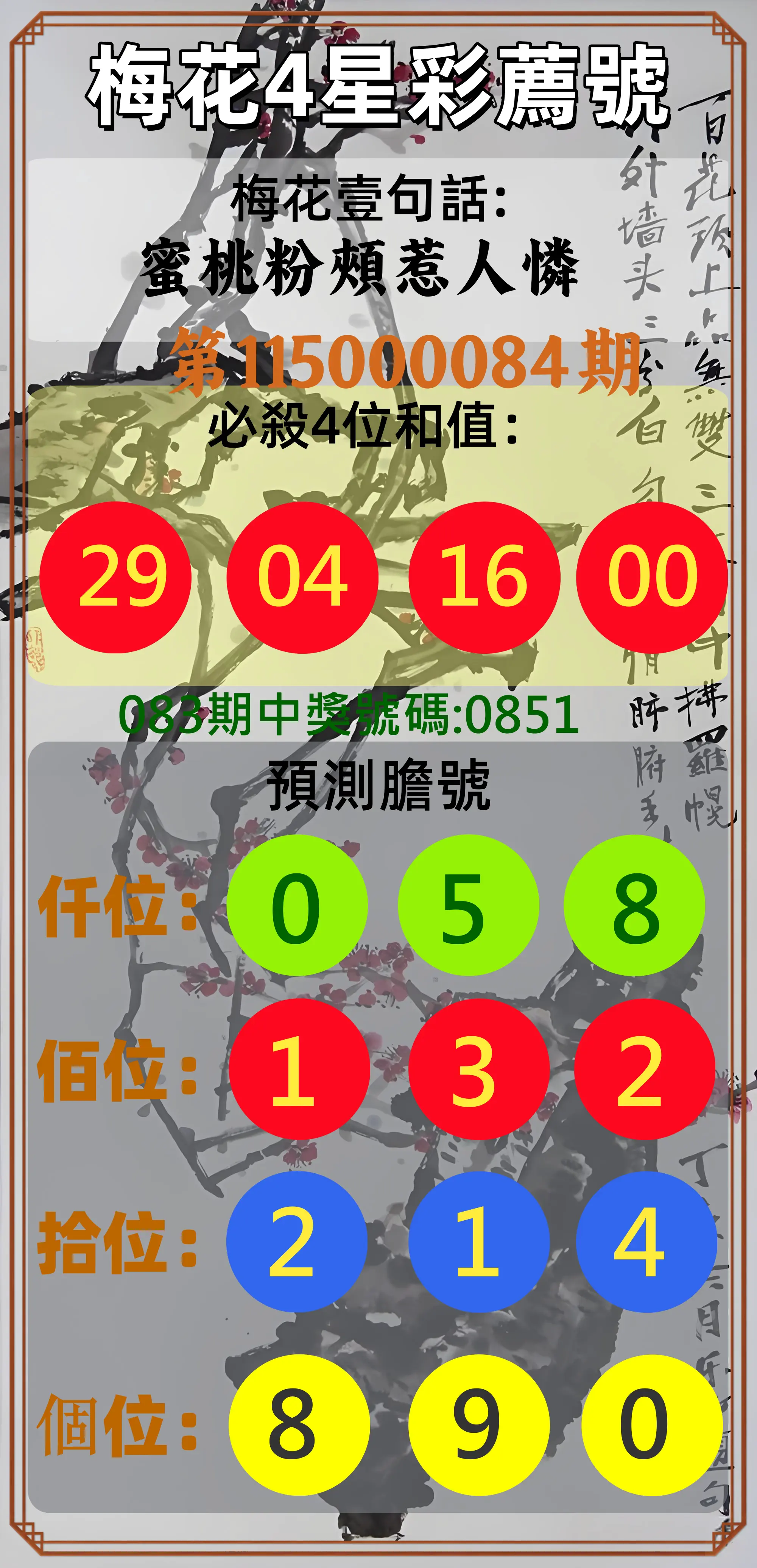 4星彩第115000084期(04/04)梅花4星彩薦號