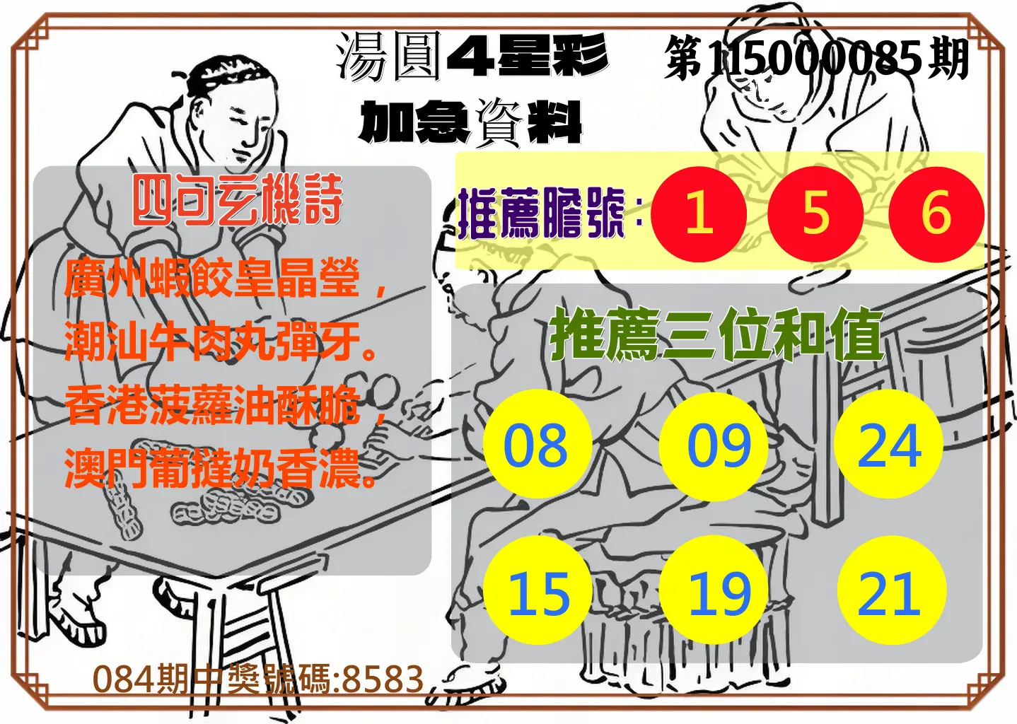 4星彩第115000085期(04/06)湯圓4星彩加急資料