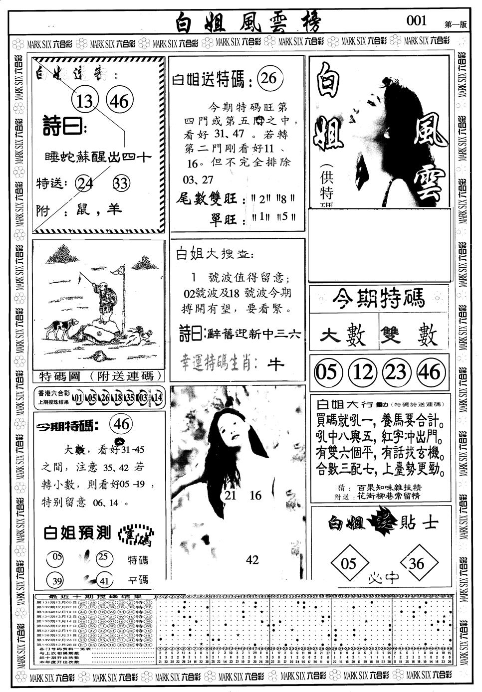 六合彩001期另版白姐风云榜A(黑白)