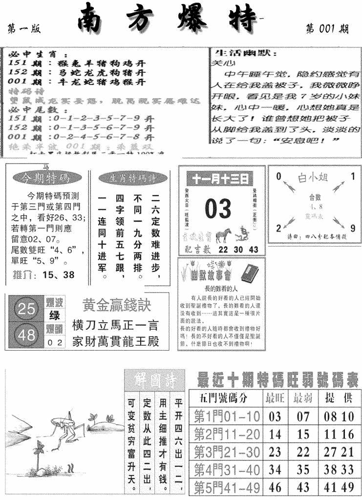 六合彩001期南方爆特A(新图)(黑白)
