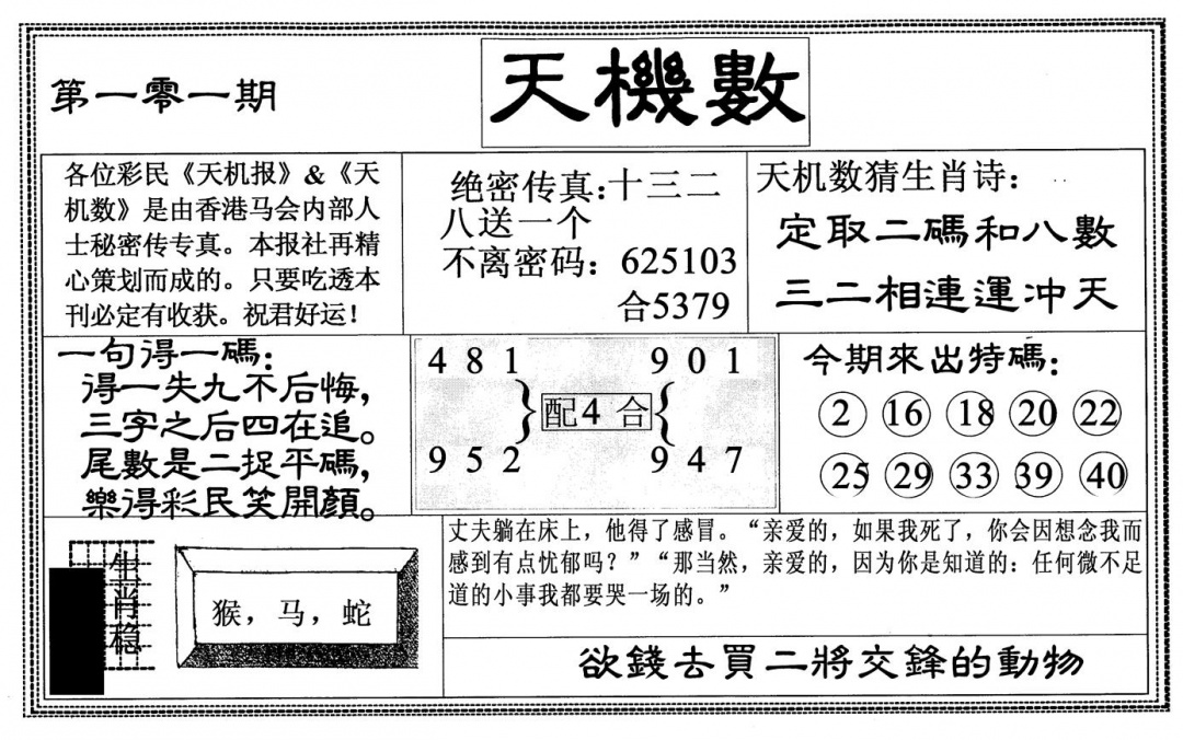 六合彩101期天机数(黑白)