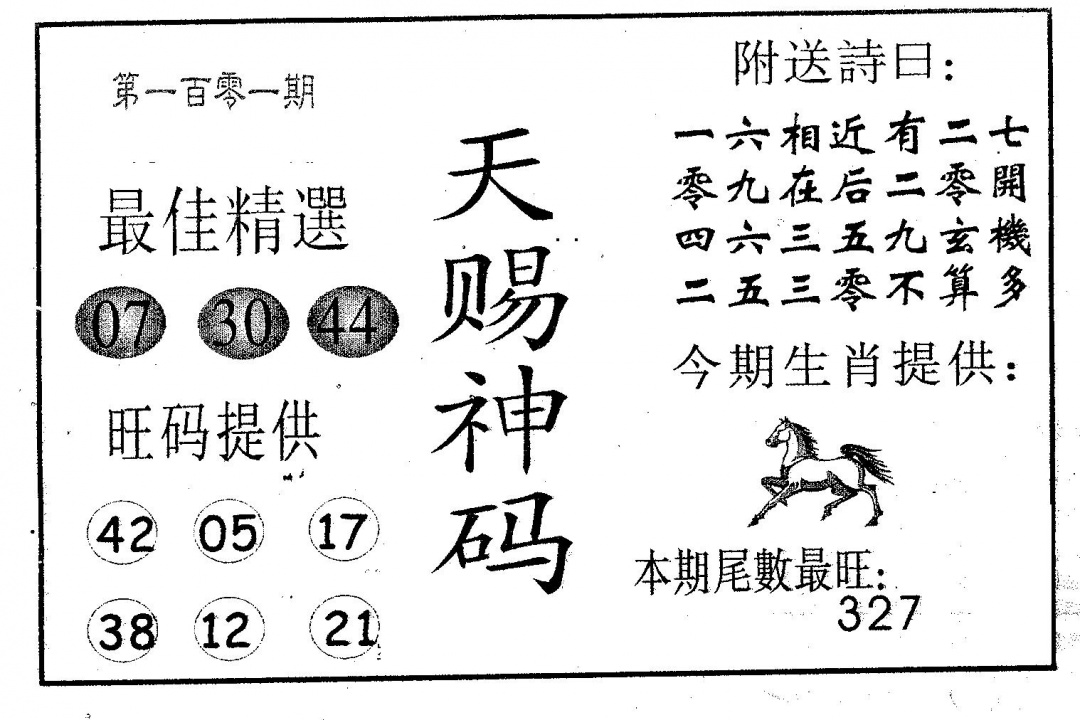 六合彩101期天赐神码(黑白)