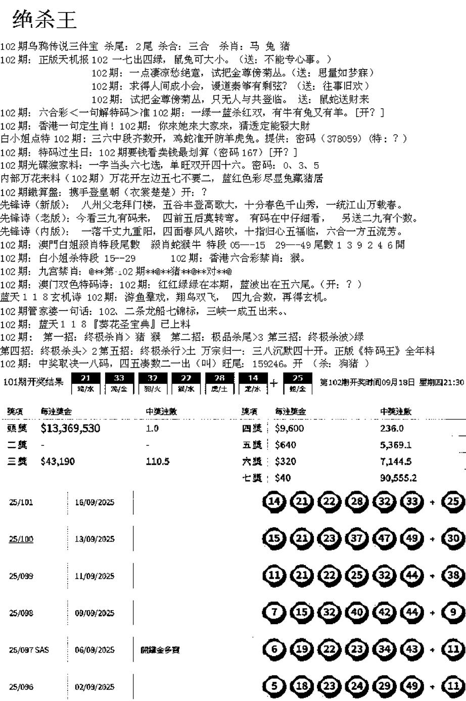 六合彩102期蓝天报B(黑白)