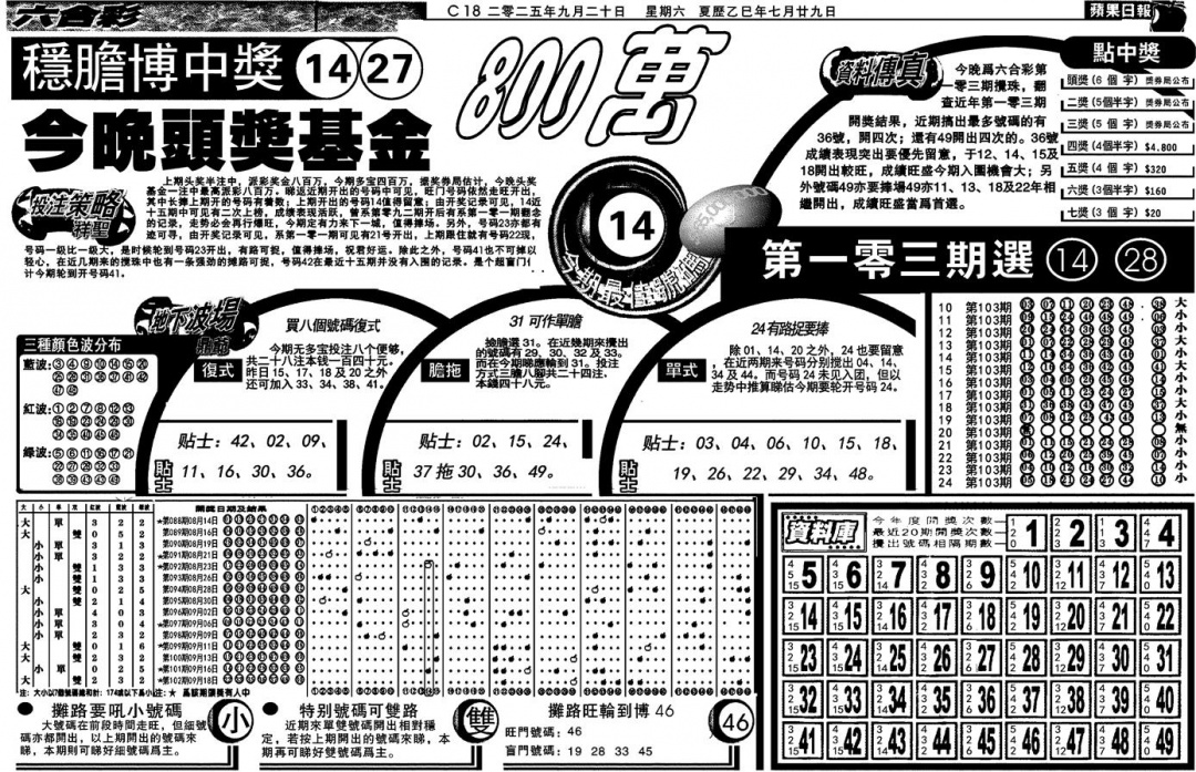 六合彩103期当日苹果日报(黑白)