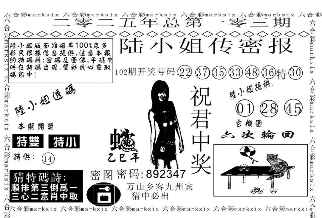 六合彩103期陆小姐传密A(黑白)