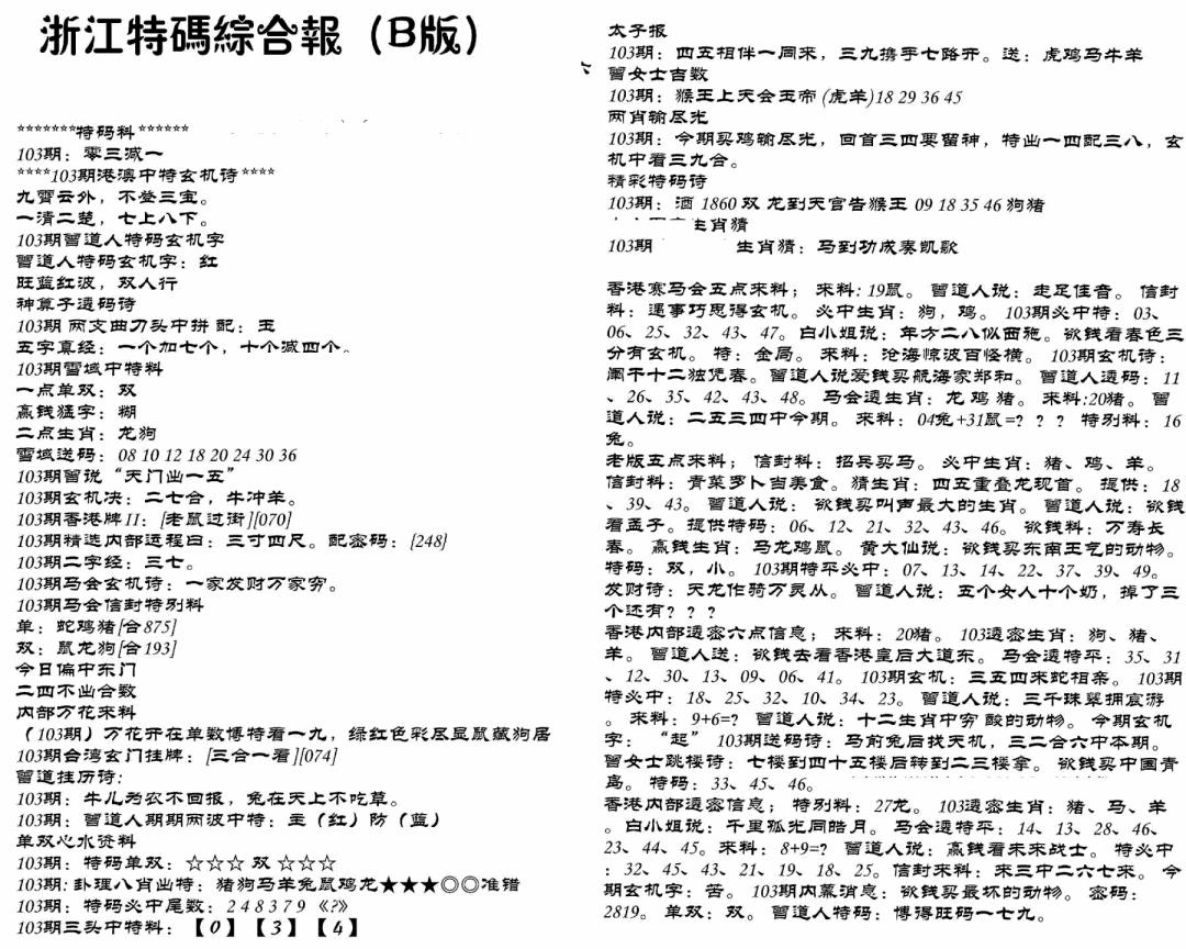 六合彩103期浙江特码综合报B(黑白)