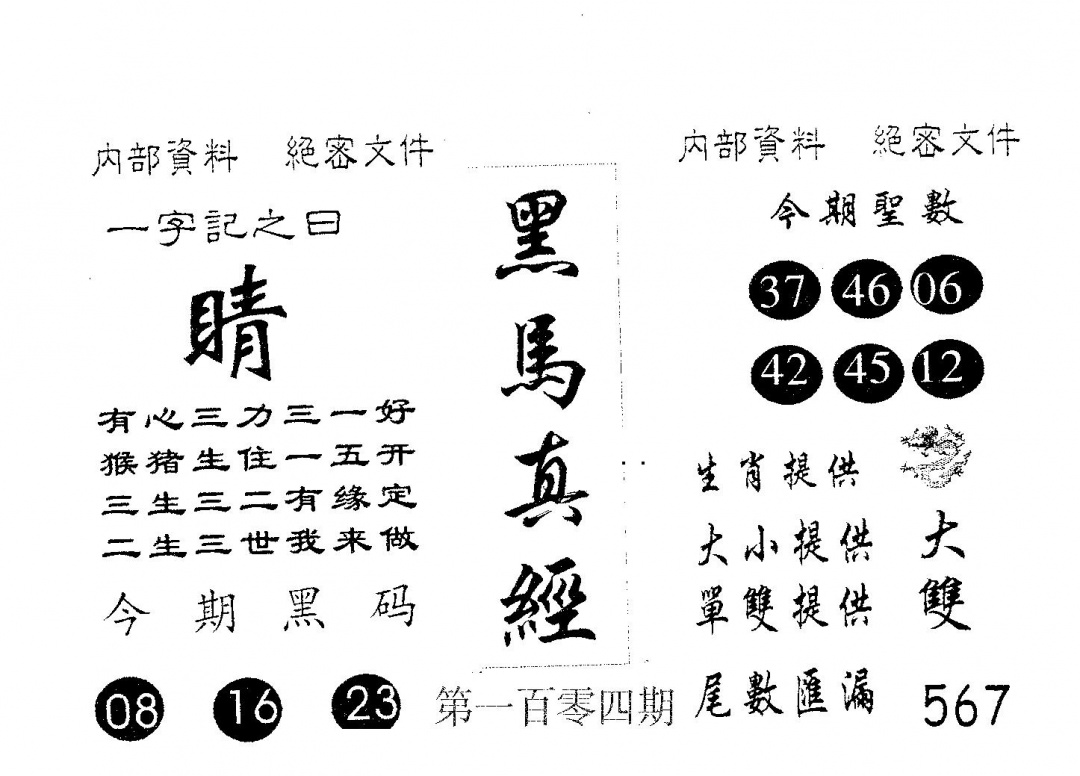 六合彩104期黑马真经(黑白)