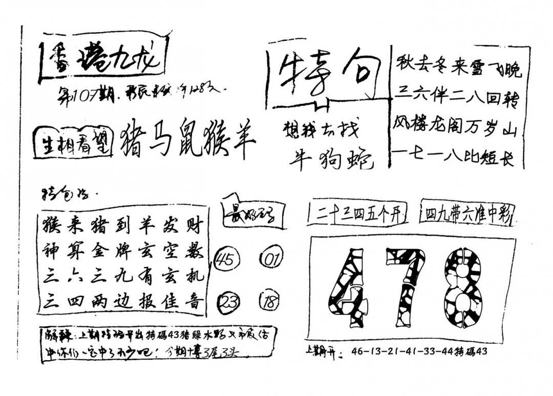六合彩107期香港九龙(新图)手写(黑白)