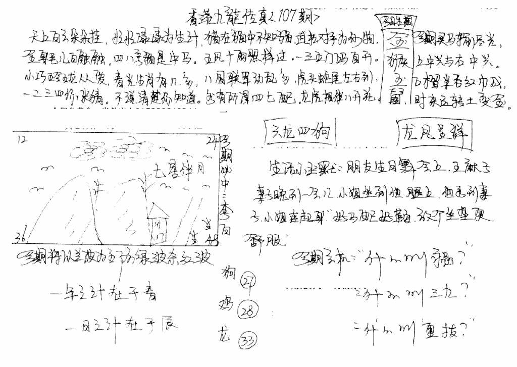 六合彩107期正版手写九龙(黑白)
