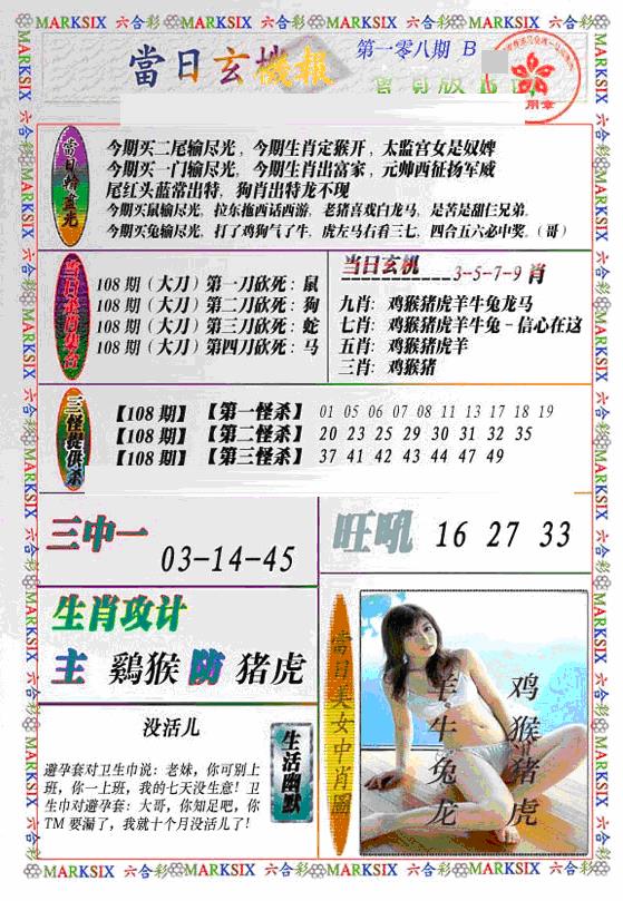 六合彩108期当日特码玄机B(新)(黑白)