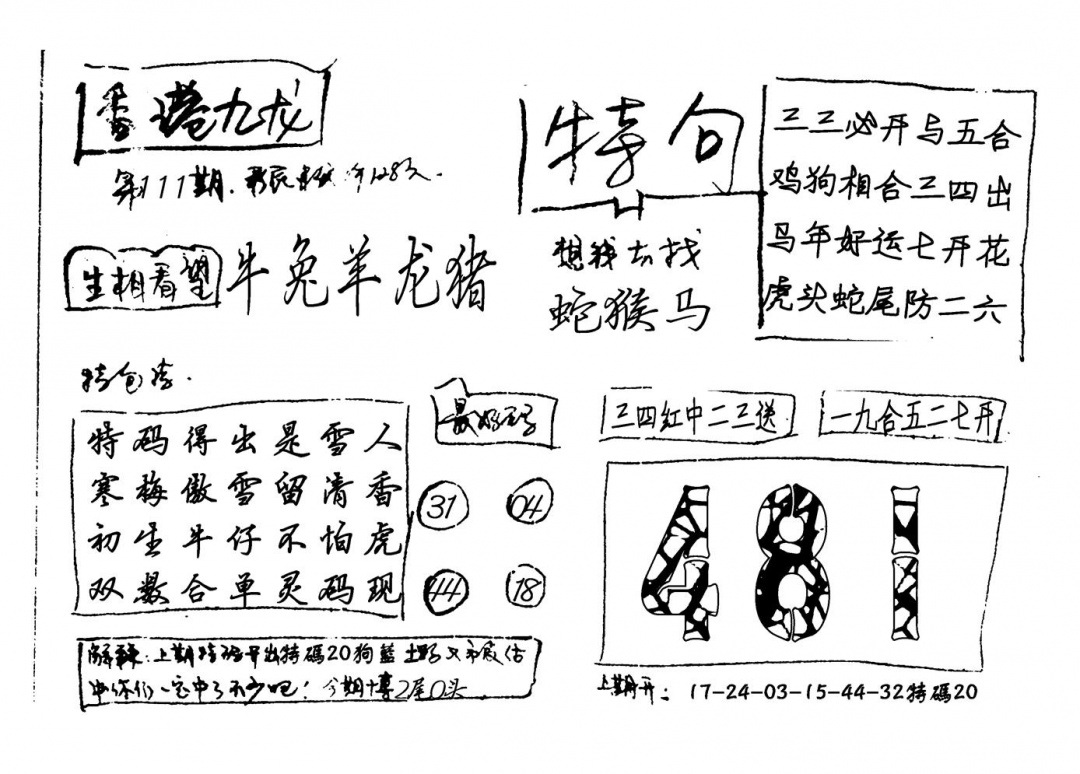 六合彩111期香港九龙(新图)手写(黑白)