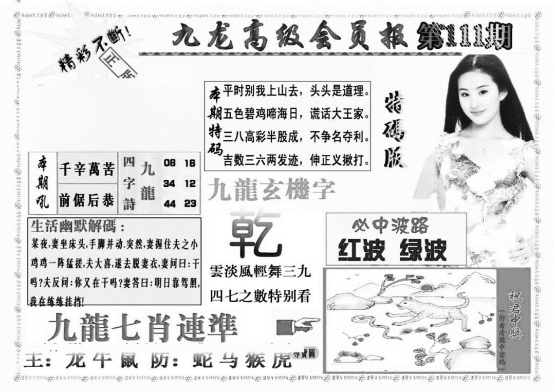 六合彩111期九龙高级会员报(新图)(黑白)