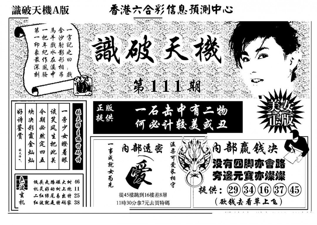 六合彩111期识破天机A版(黑白)