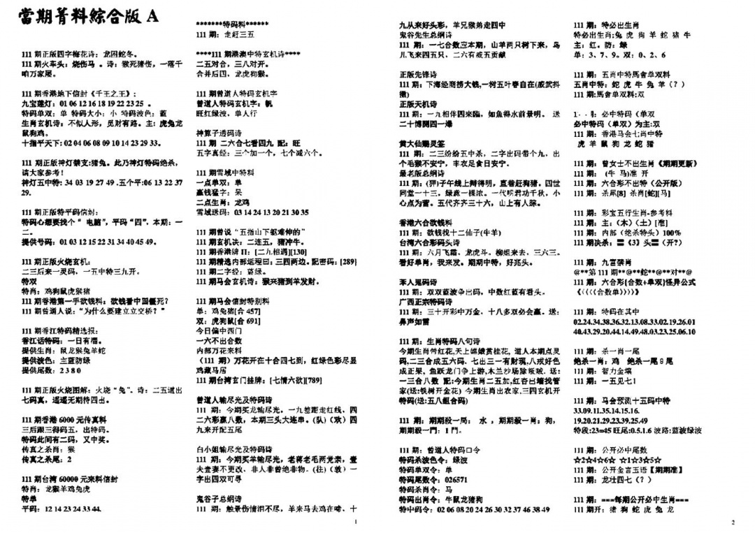 六合彩111期投资指南(黑白)
