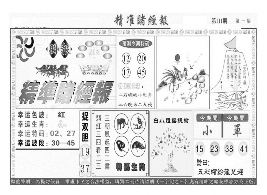 六合彩111期精准赌经报A（新图）(黑白)