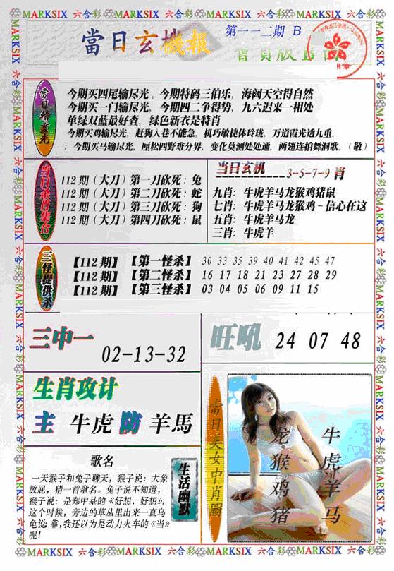 六合彩112期当日特码玄机B(新)(黑白)