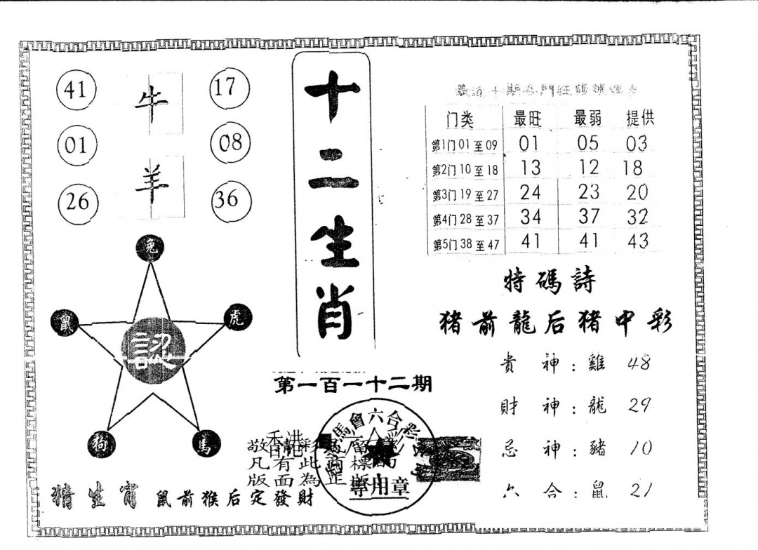 六合彩112期另版十二生肖(黑白)