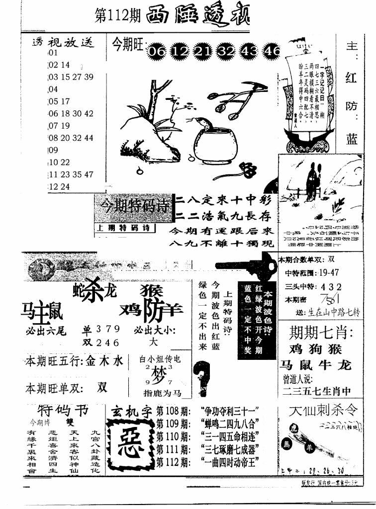 六合彩112期广东西陲透视(新报)(黑白)