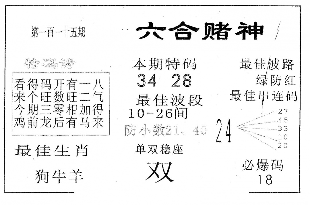 六合彩115期六合赌神(黑白)