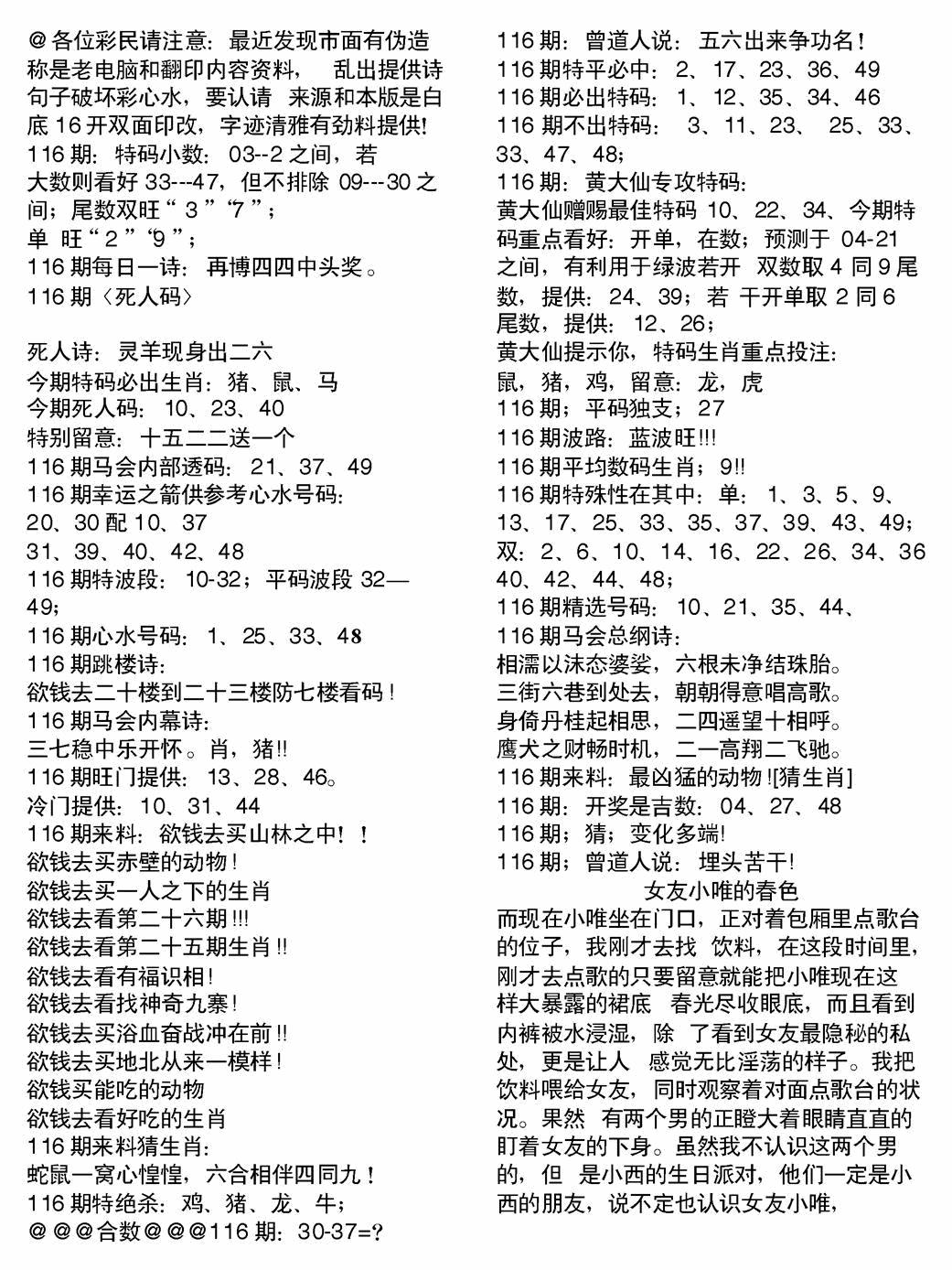 六合彩116期当日电脑综合资料B(黑白)