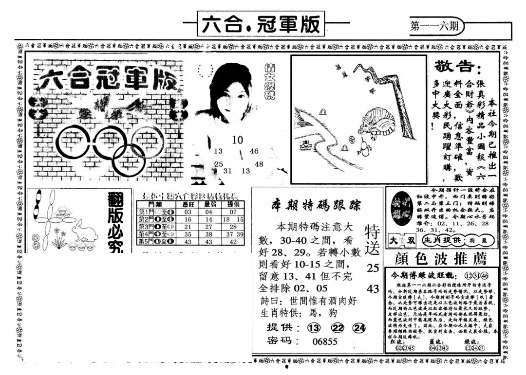 六合彩116期六合冠军版A(黑白)
