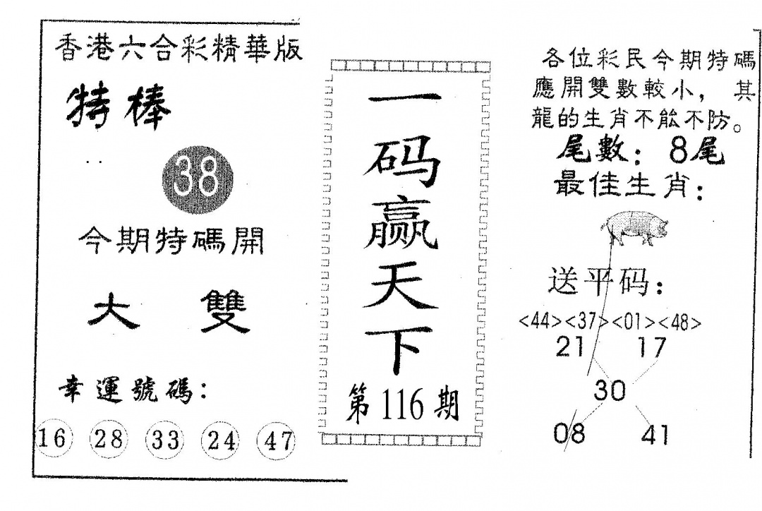六合彩116期一码赢天下(黑白)