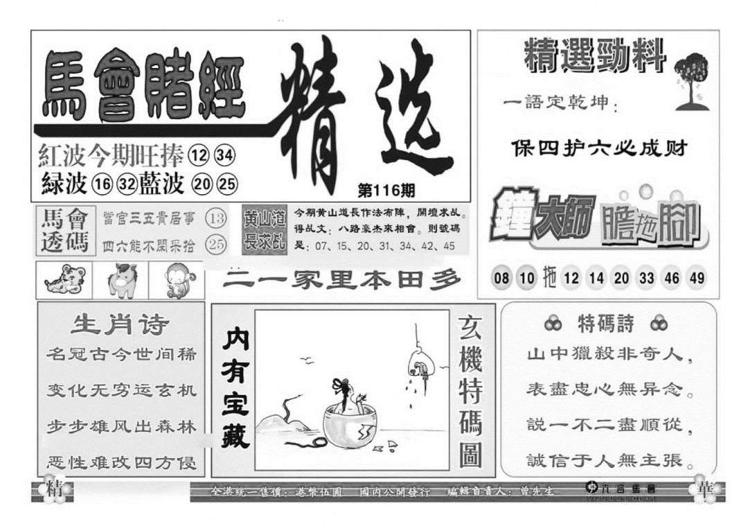六合彩116期赌经精选(特准)(黑白)