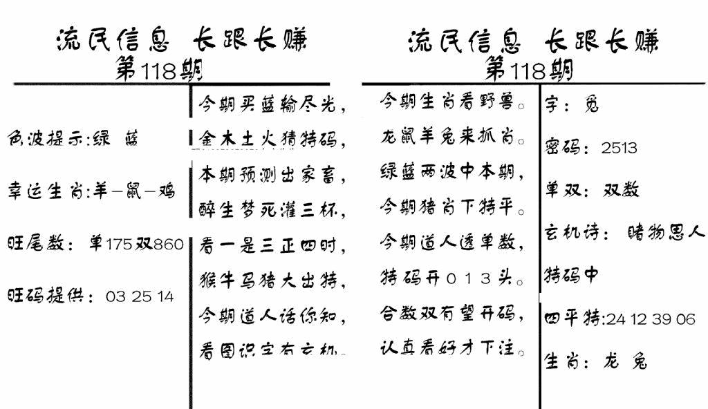 六合彩118期流民信息(黑白)