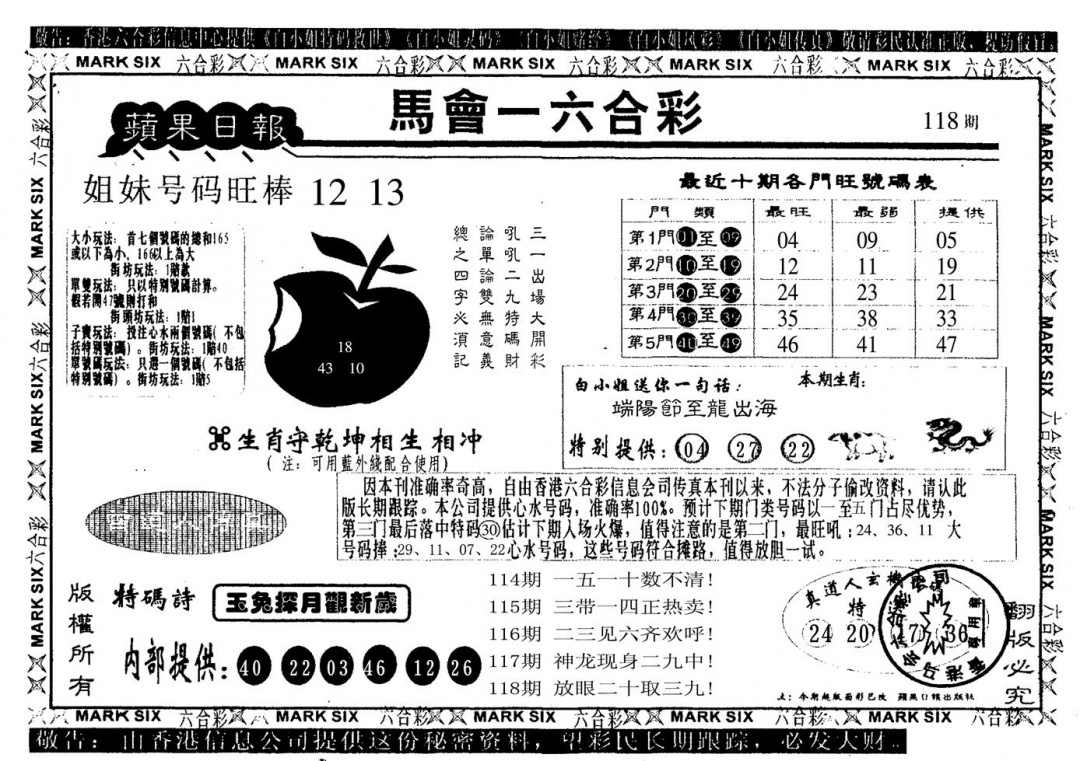 六合彩118期苹果日报(黑白)