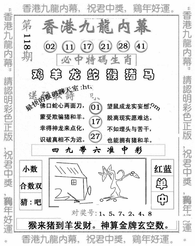 六合彩118期九龙内幕七肖图(新图)(黑白)