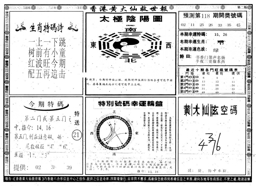 六合彩118期另版香港黄大仙B(黑白)