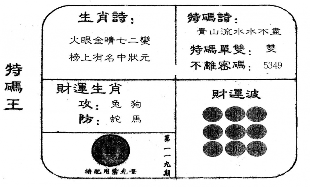 六合彩119期老版特码王(黑白)