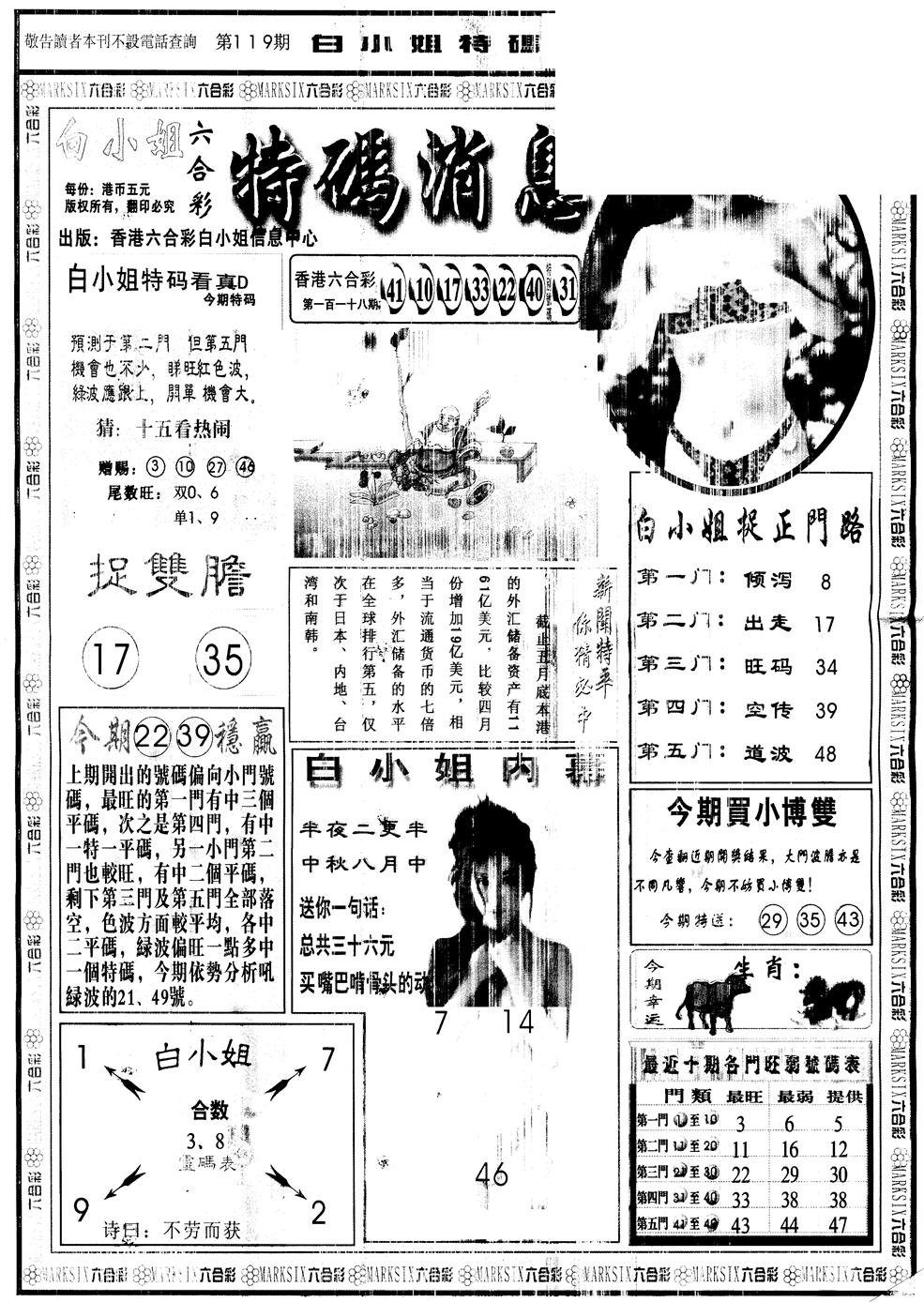 六合彩119期另版白姐特码消息A(黑白)